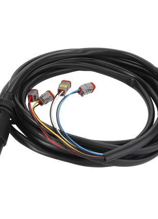 The AGCO Cable - Acp0294660 from AGCO features a coiled black design with a multi-pin connector on one end and multiple colored wires with small connectors on the other end.