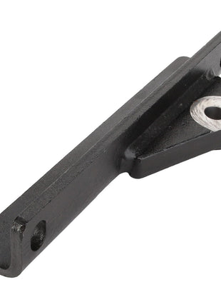 Introducing the AGCO Bracket, Left Hand - La320941350: A black metal bracket from AGCO, designed with holes at both ends and featuring a triangular support in the middle. This simple yet functional component is ideal for your specific needs.