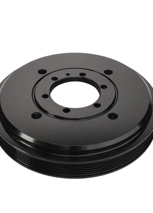 The AGCO Crankshaft Pulley - Acw3407790 is a sleek, black automotive component that features a circular design with multiple bolt holes and precisely grooved edges.