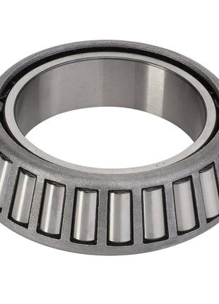 Close-up of the AGCO TAPER ROLLER BEARING - F835300020830, featuring an outer ring and visible tapered rollers inside. This well-crafted bearing, from AGCO, is made of polished metal and cylindrical in shape, showcasing its precision engineering. No current product description information is available for this specific model.