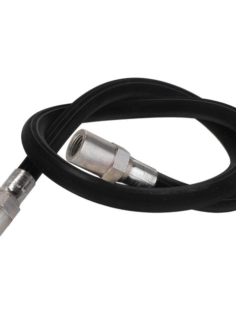 The AGCO | Brake Hose - Acw0749830 is a coiled black rubber hose with metallic connectors on both ends. No current product description information is available.