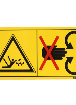 The AGCO | DECAL - D49100180, a yellow warning sign by AGCO, displays symbols that caution against slipping hazards on the left and prohibit hand contact with rotating parts on the right.