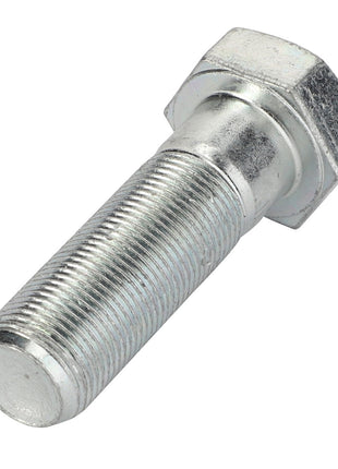 An up-close image of the AGCO | Hex Cap Screw - La15988421, featuring a sleek silver metal bolt with a finely threaded shaft and a perfectly shaped hexagonal head.