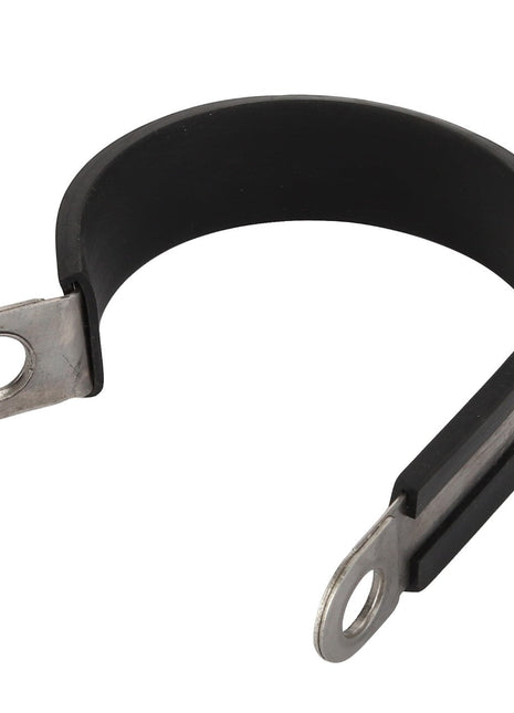 The AGCO Clamp - Acw0680020 is a black, rubber-coated metal clamp featuring two circular mounting holes, one on each end, designed for securing cables or pipes.