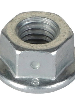 Close-up of the AGCO HEX FLANGE NUT - ACP0412970 with an integrated washer base. Crafted from shiny metallic material, this hexagonal nut features a threaded hole. For further product descriptions or ordering details, please contact our support team.