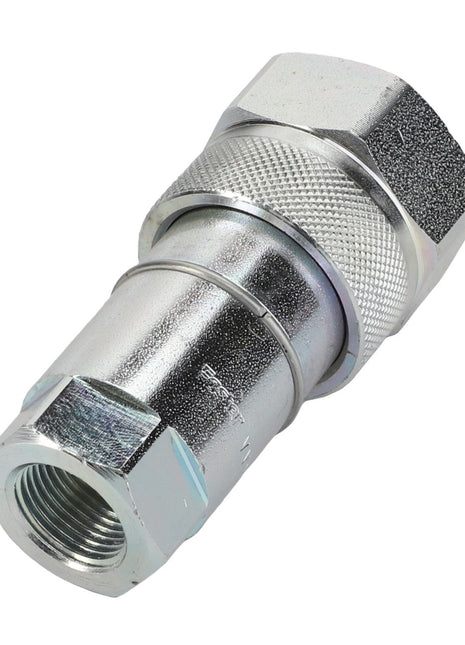 Close-up of the AGCO | Female Coupler - La322043150, a polished metallic hexagonal hydraulic fitting with a threaded end, perfect for connecting tubes or hoses in fluid power systems. The surface boasts a reflective finish, enhancing its durability and functionality.