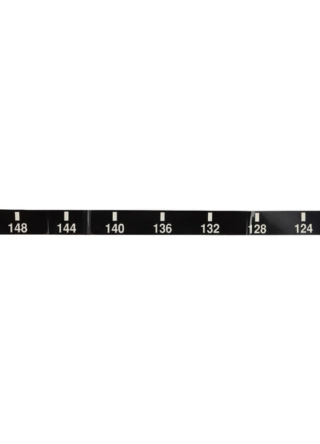 The AGCO | DECAL - AG309499, a sleek black measuring tape from AGCO, displays measurements marked in crisp white increments ranging from 120 to 152.