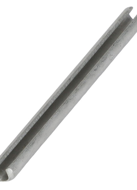 A close-up image of the AGCO Roll Pin - Fel107444, a silver cylindrical spring pin featuring a longitudinal slit. This component is typically utilized in mechanical applications to securely hold parts in place.