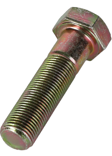 Close-up of the AGCO Hexagonal Bolt - Acp0147110, featuring metallic coarse threads and a light-reflecting surface, isolated on a white background.