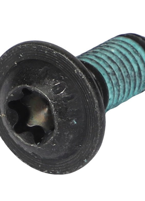 Close-up of the AGCO Torx Head Screw - Acw9572930, featuring a black and teal design with a star-shaped drive head and ridged body.