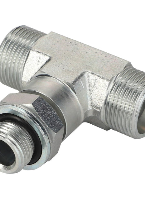 A metal T-shaped pipe fitting, known as AGCO | Tee Fitting - Acp0666880 from the AGCO brand, featuring threaded male connectors on all three ends, is used for joining three pipes in hydraulic or pneumatic systems.
