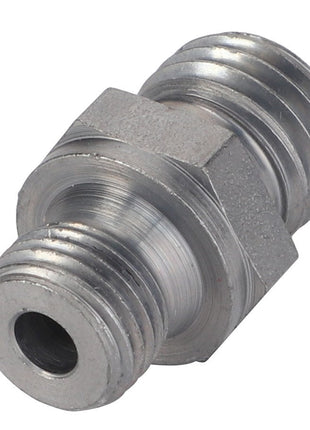 Close-up of the AGCO Nozzle - F119200710150, a metallic threaded fitting with two screw-like ends, ideal for securely connecting hoses or pipes in various applications.
