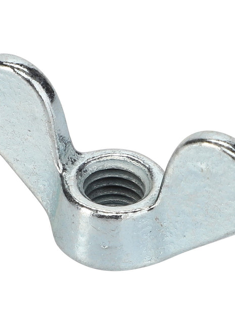 An AGCO | Wing Nut - 9-1032-0002-5 features two protruding wings and a threaded central hole, perfect for quick adjustments, offering the precision you'd expect from AGCO equipment.