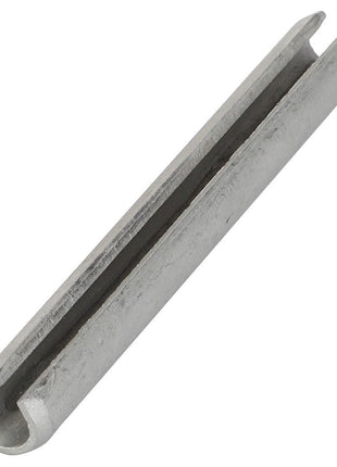 The AGCO Roll Pin - Fel107454 is a metal spring pin featuring a slotted design, cylindrical shape, and slightly chamfered ends, commonly used for fastening components together. No current product description available.