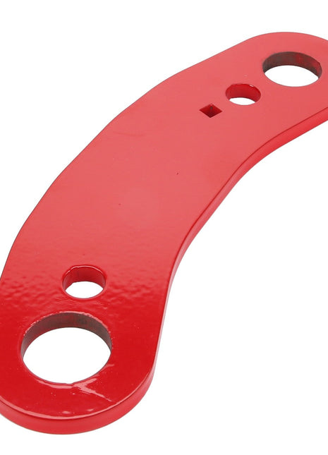 The AGCO Link - Acp0294040 is a red, flat, metal bracket with multiple holes of varying sizes arranged along its curved shape. This product currently does not have a detailed description available.