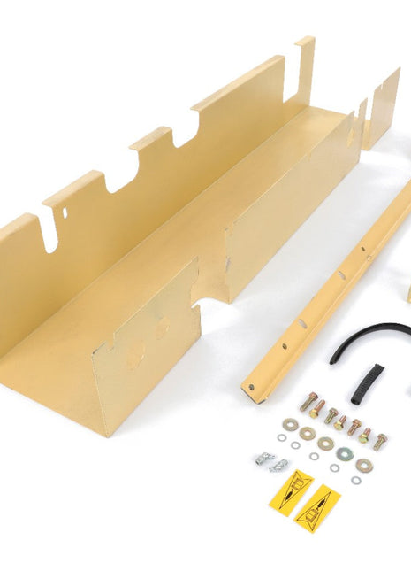 A set of AGCO vehicle parts and accessories, featuring the Front Axle - C1146002, displayed on a white surface. The set includes a large metal guard, various bolts, washers, nuts, brackets, and U-shaped clamps. No current product description information is available.