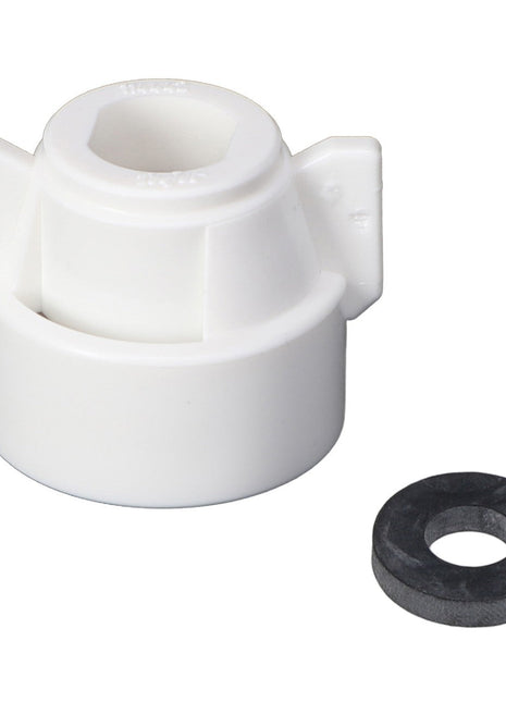 AGCO's Quick TeeJet Cap, White for Oval (ACP0484560) is a white plastic plumbing adapter featuring two flanges and comes with a black rubber washer. For more details or assistance, refer to the product description or contact our support team.