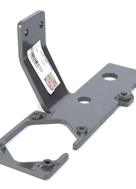 The AGCO Bracket - Acw2224230 is a durable gray metal bracket with a barcode sticker, featuring multiple holes and versatile mounting points for easy installation.