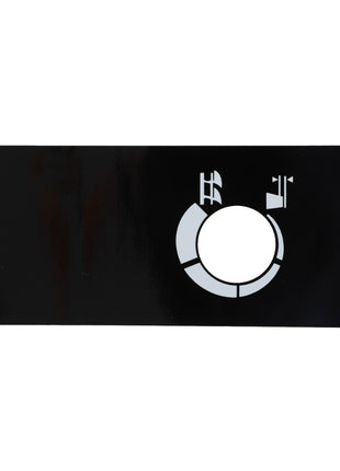 Introducing the AGCO Decal - Acw075642A: A rectangular black panel with a circular white graphic featuring an oil can and thermometer, commonly seen on vehicle dashboards. Made by AGCO, this stylish and practical decal adds a professional touch to your dashboard.