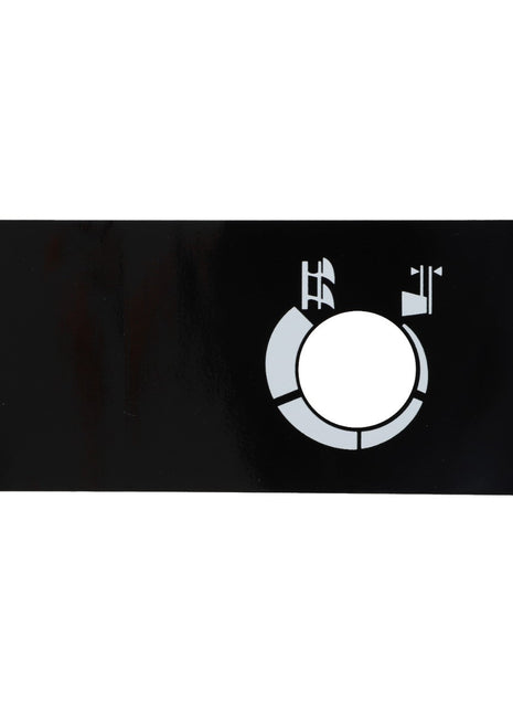 Introducing the AGCO Decal - Acw075642A: A rectangular black panel with a circular white graphic featuring an oil can and thermometer, commonly seen on vehicle dashboards. Made by AGCO, this stylish and practical decal adds a professional touch to your dashboard.