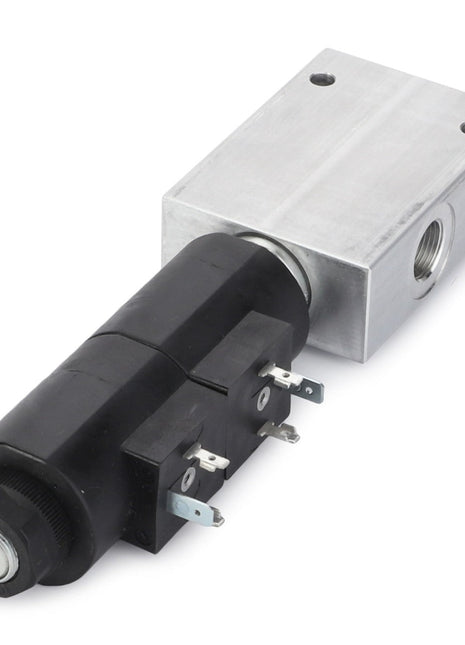 The AGCO Pressure Relief Valve - D45110095 features a rectangular solenoid valve with an aluminum body and a black actuating coil, along with electrical terminals and threaded ports, making it ideal for hydraulic circuit applications.