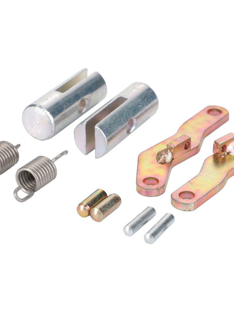 The AGCO Locking Bolt, Automatic Clevis, Trailer Hitch (F416500070030) hardware kit comprises two springs, two cylindrical pieces, two flat pieces with protrusions, and four small pins—ideal for hitch linkage components.