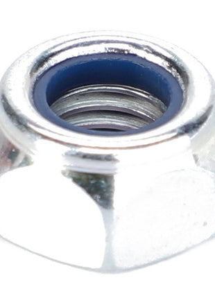 Product Description: A close-up view of the AGCO | Hex Nut - Fel108531, featuring a hexagonal metal design with an internal thread and a blue nylon insert.