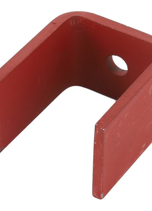 Image: No current product description information is available for the AGCO CLAMP - D28384049, a red, U-shaped metal bracket with a hole through one of its vertical sides.