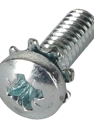 A close-up image of the AGCO | SCREW - AL519049, a silver metal screw with a partially damaged Phillips head and a toothed washer beneath it. The AGCO screw, with its threaded shaft, captures a blend of intricate mechanical design and everyday wear.