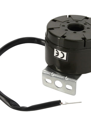 The AGCO BUZZER - D44900865 is a cylindrical black electrical component featuring a metal mounting bracket and a wire extending from the side, prominently displaying its CE certification mark.