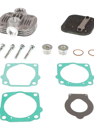 AGCO's Kit, Cyl. Head - Acp0438270, which includes a metal engine head, rubber gaskets, screws, metal plugs, and O-rings, is all arranged neatly on a white background.