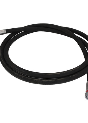 Product Name: AGCO | WARNING DECAL - ACP0538580
Brand Name: AGCO

A coiled black hydraulic hose with metal fittings at both ends, featuring 90-degree angled connectors. Currently, there is no available product description information.