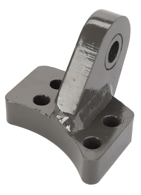 The AGCO Lever - D49068500 is a gray metal hinge bracket with four holes and a raised section featuring a circular hole at the top.