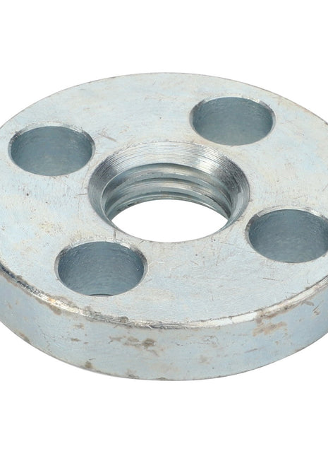 Product Description: The AGCO | SHIM - V30602110 is a metal circular flange featuring a central threaded hole and four evenly spaced smaller holes around it.