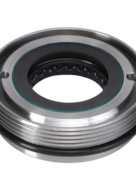 Close-up of an AGCO | RETAINER - AG334418 mechanical seal, featuring a threaded metal outer surface and an inner black rubber ring. No current product description information is available.