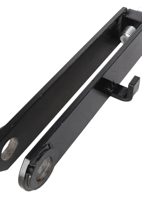 The AGCO LEFT HAND BRIDLE - AL258141 is a black metal mechanical bracket equipped with two bolt holes on one end and a spring-loaded pin on the other.