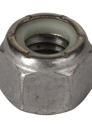 A detailed image of the AGCO HEX NUT - AG133594, a hexagonal metal lock nut featuring a nylon insert. Currently, there is no additional product description information available.