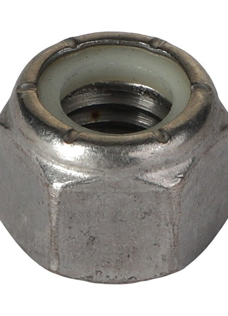 A detailed image of the AGCO HEX NUT - AG133594, a hexagonal metal lock nut featuring a nylon insert. Currently, there is no additional product description information available.