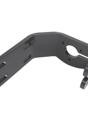 The AGCO | BRACKET - AL10360032 is a black metal bracket featuring multiple slots and a circular cutout, specifically designed for mounting purposes.