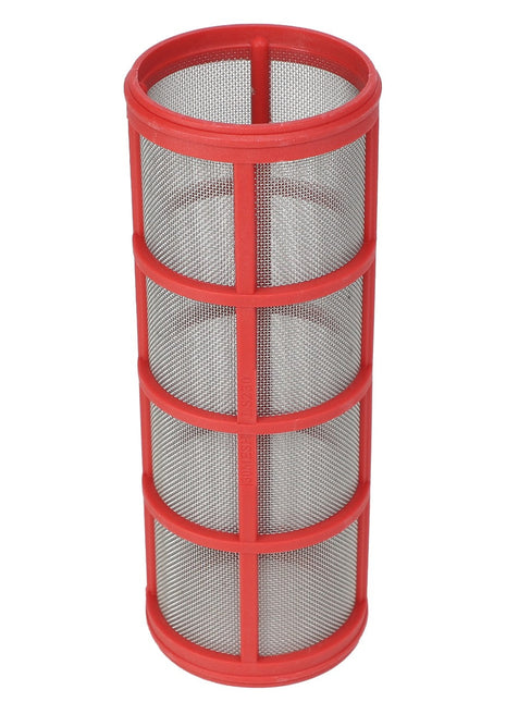 A Screen - Ag000947 cylindrical metal mesh filter with a vibrant red plastic frame from AGCO.