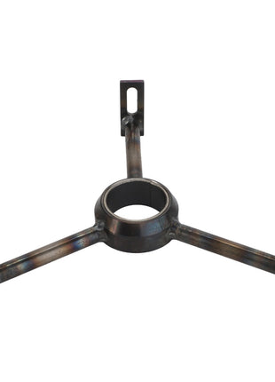 Currently, there is no product description information available for the AGCO BEARING CARRIER - D28810548, a metal mechanical part with a central ring and three extending arms, each ending in rectangular slots.