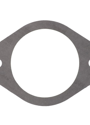 AGCO | GASKET - AG716386 is a flat, oval-shaped metal gasket featuring a large central hole and two smaller holes on either side for mounting.