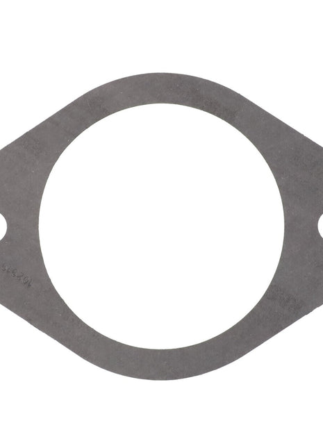 AGCO | GASKET - AG716386 is a flat, oval-shaped metal gasket featuring a large central hole and two smaller holes on either side for mounting.