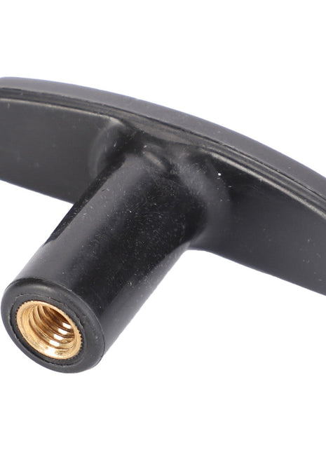 A black T-shaped handle with a threaded brass insert at the bottom, designed for Genuine Controls and Levers in AGCO Parts, identified as the AGCO Handle, Trailer Coupling - V30373600.