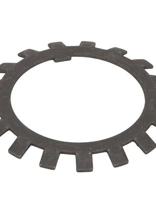 The AGCO Lock Washer - 9-1118-0005-6, a metal ring with evenly spaced rectangular teeth along its outer edge, is perfect for use in Massey Ferguson machinery.