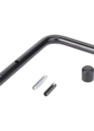 The AGCO HAND LEVER - F816500070070 features a sleek, black L-shaped metal handle with two holes, a cylindrical cap, and two small metal pins.