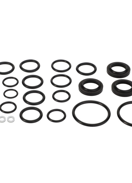 A meticulously arranged grid pattern of various sized rubber O-rings from the AGCO | GASKET KIT - 0.010.2283.1, set against a white background. For any ordering inquiries, please reach out to our support team at AGCO.
