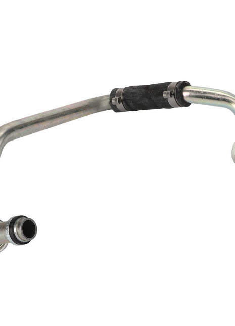 The AGCO Tube - Acw0210920 is a metal automotive component with a bent tubular structure, featuring a rubber segment and two connection points at each end.