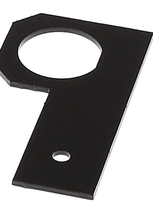 A flat, black metal bracket known as the AGCO Support - Acw0102440 features a large circular cutout on one end and a smaller circular hole near the center.