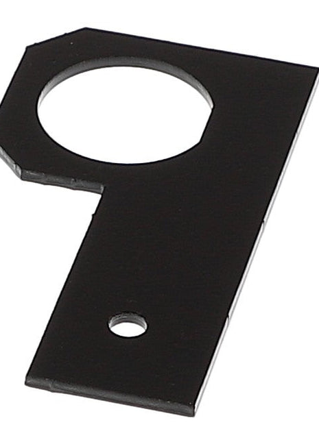 A flat, black metal bracket known as the AGCO Support - Acw0102440 features a large circular cutout on one end and a smaller circular hole near the center.